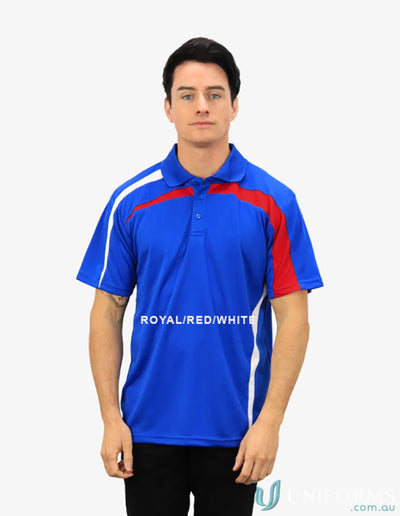 Royal blue, red, and white Planett Polo with cooldry moisture management tech
