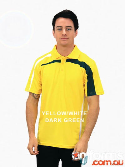 Planett Polo with yellow, white, dark green colors showcasing cooldry moisture technology