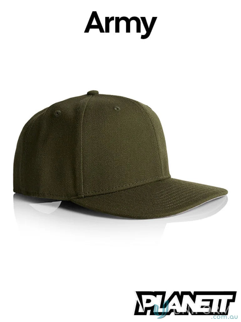 Army green Planett Stock Cap featuring a high profile snapback and flat peak cap style