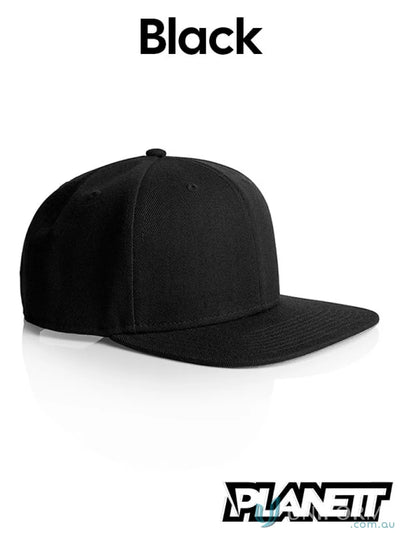 Black flat peak cap displayed on Planett Stock Cap featuring a high profile snapback style