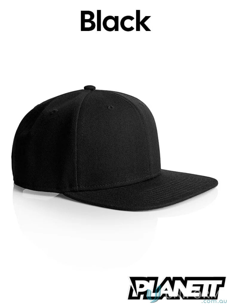 Black flat peak cap displayed on Planett Stock Cap featuring a high profile snapback style