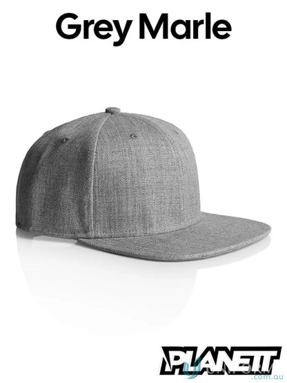 Grey marle flat peak cap featuring a high profile snapback design from Planett Stock Cap