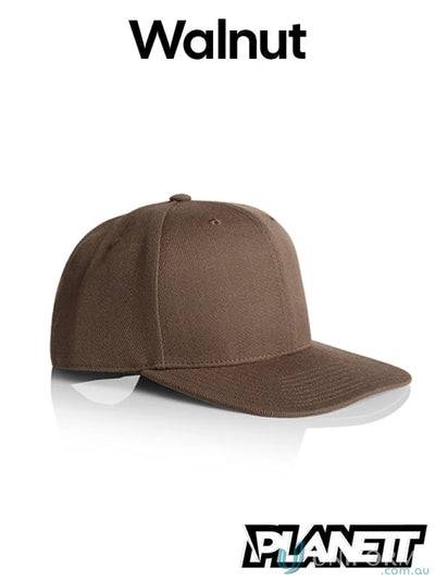 Walnut-colored high profile snapback cap with flat peak, Planett Stock Cap style