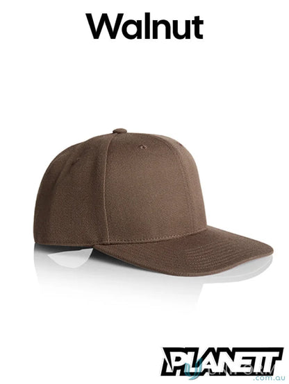 Walnut-colored high profile snapback cap with flat peak, Planett Stock Cap style