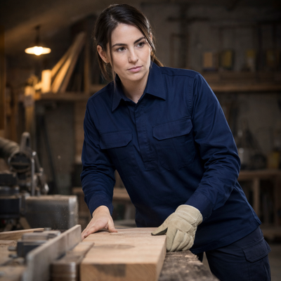 Planett womens cool breeze shirt: woman in navy blue top with beige gloves on wooden plank