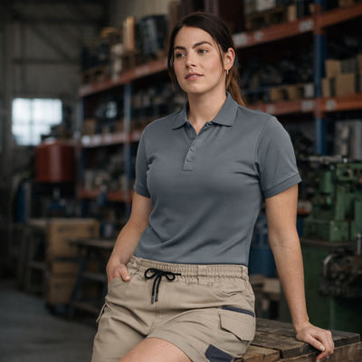 Planett womens cotton stretch cuffed short gray polo shirt