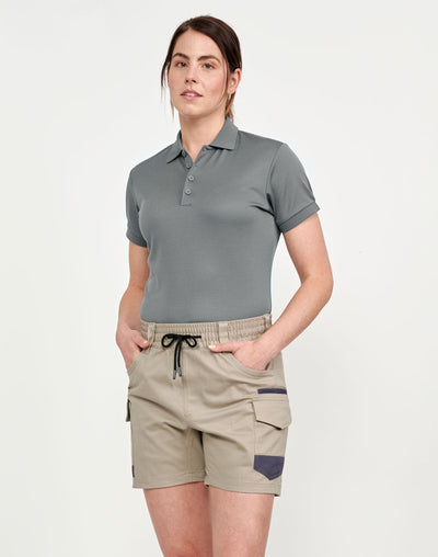Planett womens cotton stretch cuffed short in slate gray polo and khaki cargos