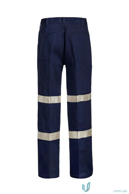Navy blue pleat cotton drill trouser with reflective stripes for workcraft pleat cotton style