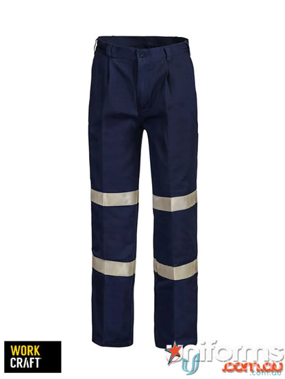 Navy work pants with reflective stripes in Pleat Cotton Drill Trouser With 3M Tape