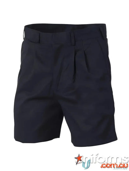 Navy blue pleated permanent press shorts for a stylish and easy-care look