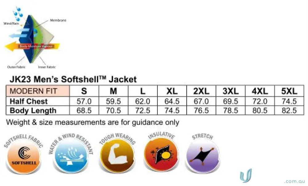 Men’s Softshell Jacket Size Chart for Plumbers Choice Workwear and Uniforms