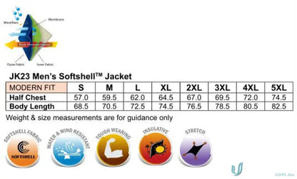 Men’s Softshell Jacket Size Chart for Plumbers Choice Workwear and Uniforms