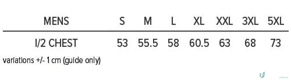 Men’s clothing size chart for Plumbers Choice EMB Polo uniforms and workwear, S-3XL