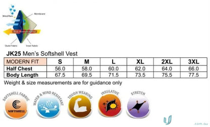 Men’s softshell vest size chart for Plumbers Choice EMB workwear uniforms