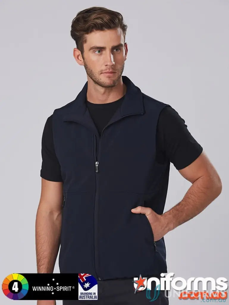 Navy blue zip-up softshell vest from Plumbers Choice EMB workwear uniform collection