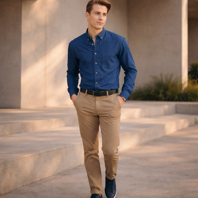 Man in navy blue shirt with Plumbers Choice BS724M tailored fit work uniforms