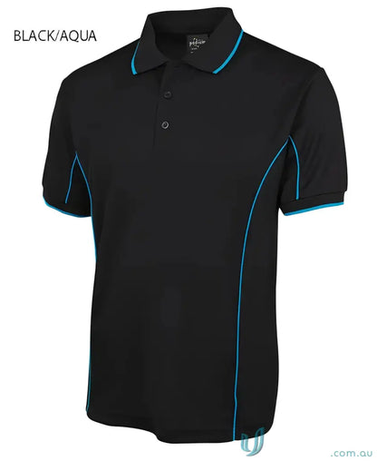 Black polo shirt with aqua piping from JB’s Podium Piping Polo collection featuring podium cooling fabric