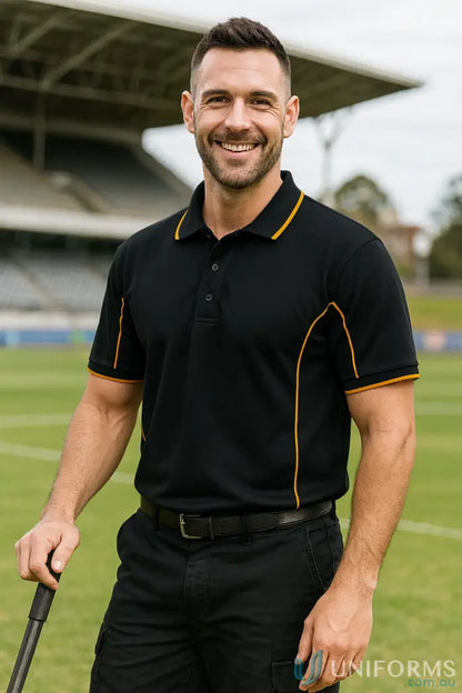 JB’s Podium black polo shirt with yellow piping, Podium cooling fabric, short sleeve