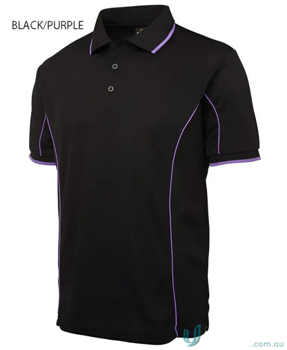 Black JB’s Podium piping short sleeve polo shirt with purple trim and podium cooling fabric