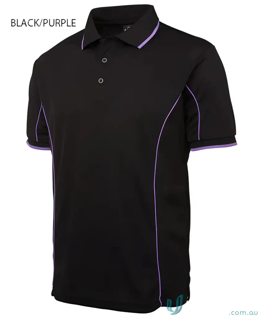 Black JB’s Podium piping short sleeve polo shirt with purple trim and podium cooling fabric