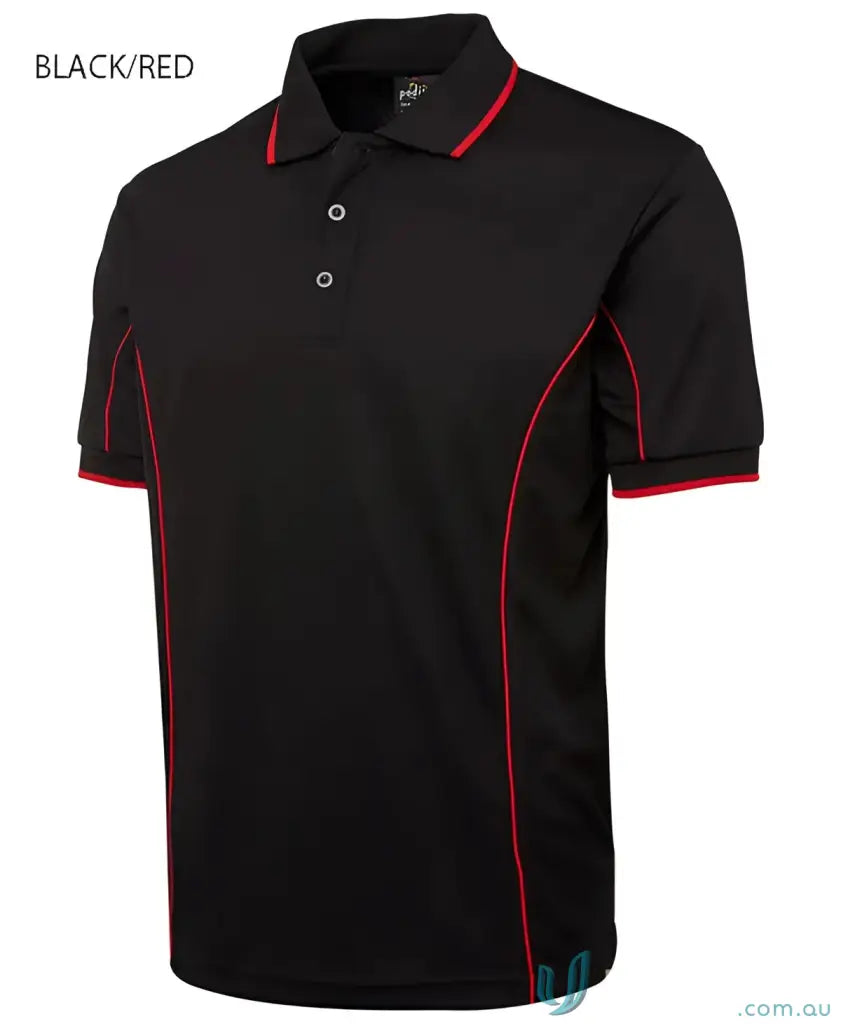 Black and red JB’s Podium piping short sleeve polo made with podium cooling fabric
