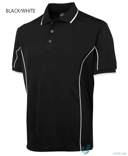 JB’s Podium black polo shirt with white piping, made with Podium Cooling Fabric