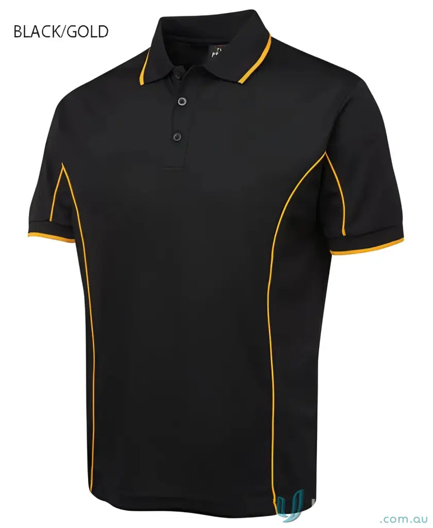 Black and gold JB’s Podium piping short sleeve polo shirt made with podium cooling fabric
