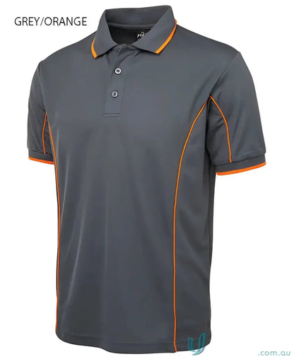 Grey and orange JB’s Podium Piping Polo made with podium cooling fabric, short sleeve