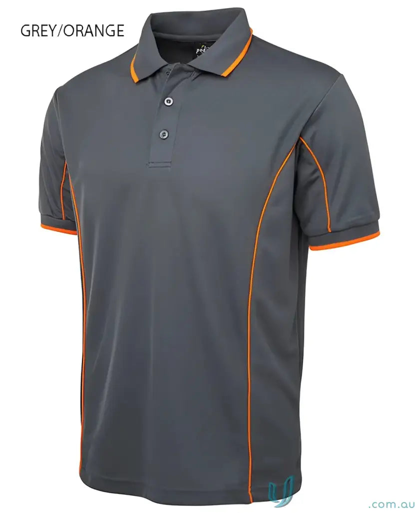Grey and orange JB’s Podium Piping Polo made with podium cooling fabric, short sleeve