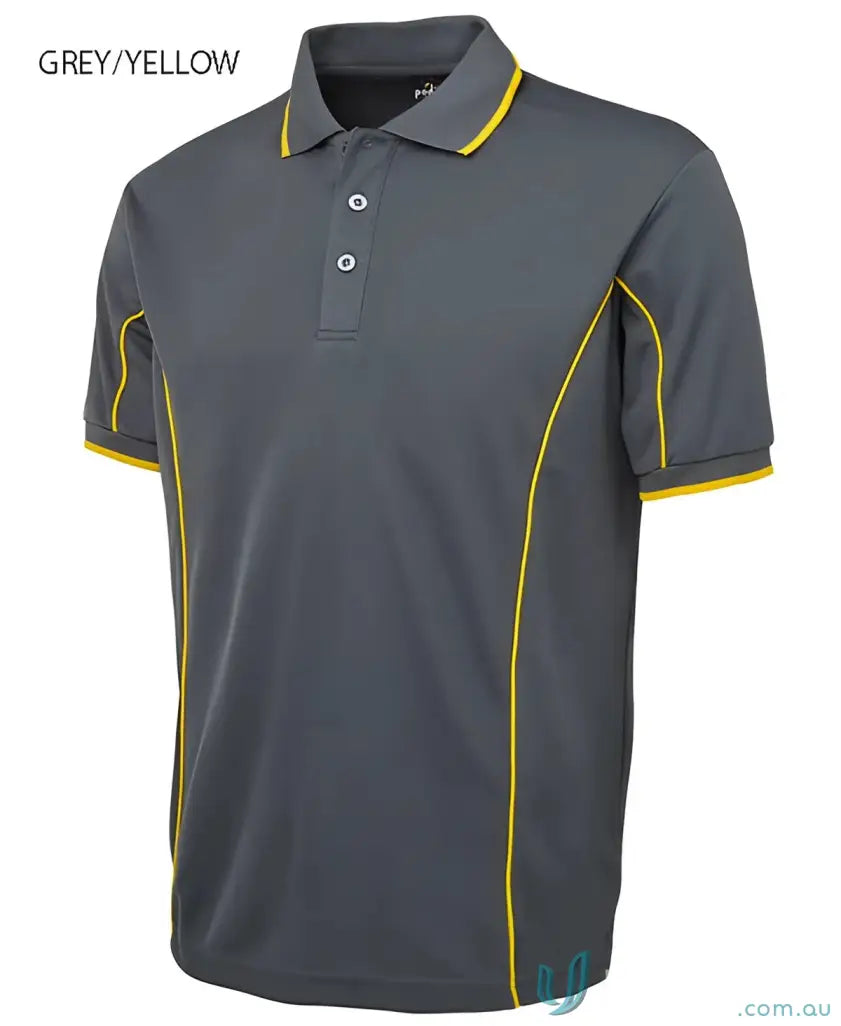 Grey and yellow JB’s Podium Piping Short Sleeve Polo made with podium cooling fabric