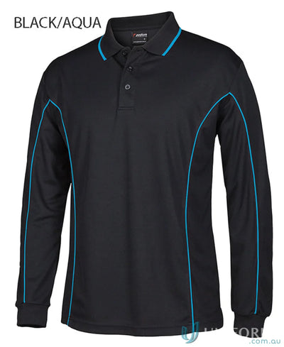 Mens long sleeve polo with aqua blue podium piping and built-in UV protection