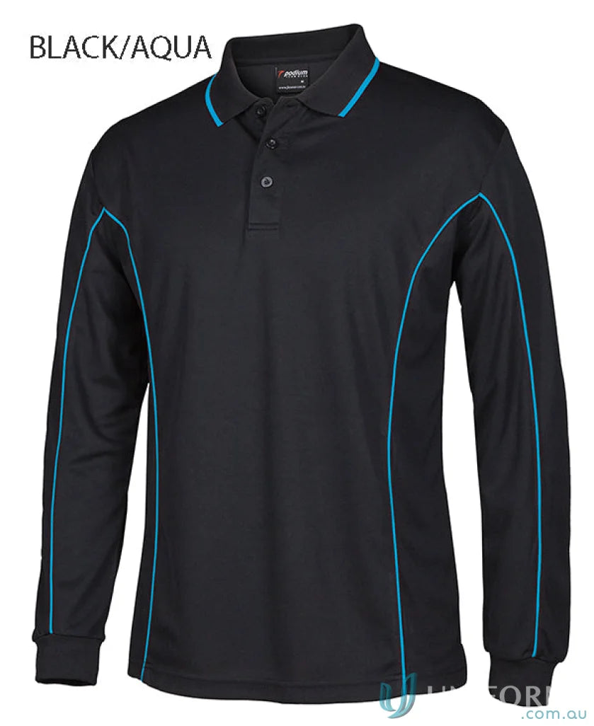 Men’s long sleeve polo with aqua blue podium piping and built-in UV protection
