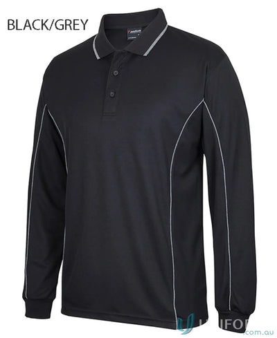 Mens long sleeve polo with podium piping and built-in UV protection in black with grey trim
