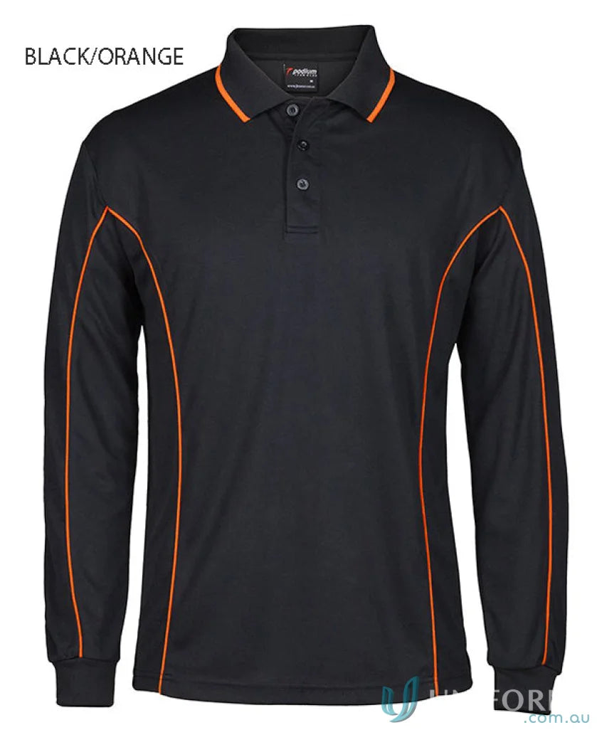 Black long sleeve polo with orange trim from JB’s Podium Piping Long Sleeve Polo, built-in UV protection