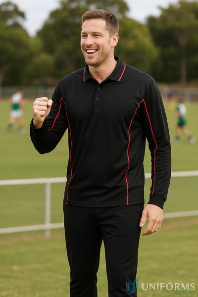 Podium Piping Long sleeve polo in black with red piping