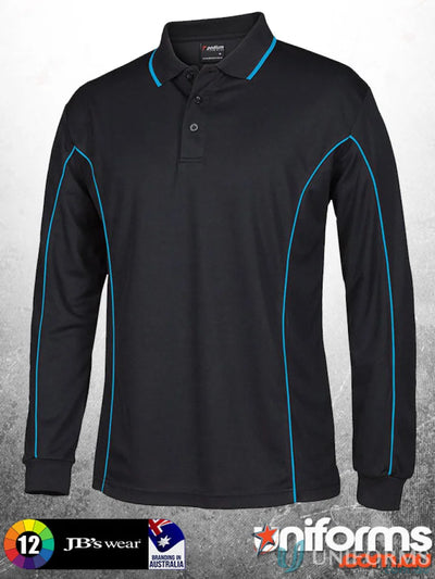 Black long sleeve polo shirt with blue podium piping and built-in UV protection