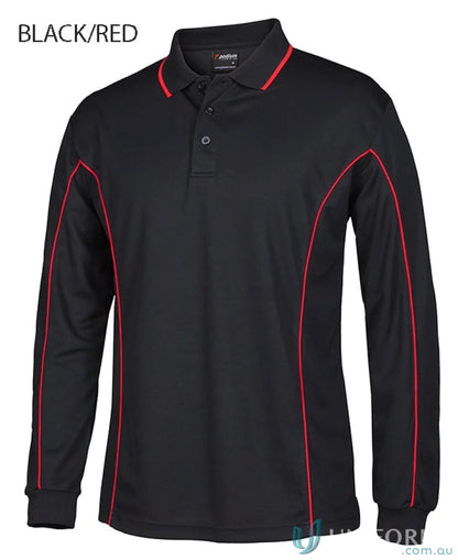 Black long sleeve polo with podium piping and built-in UV protection, stylish and comfy