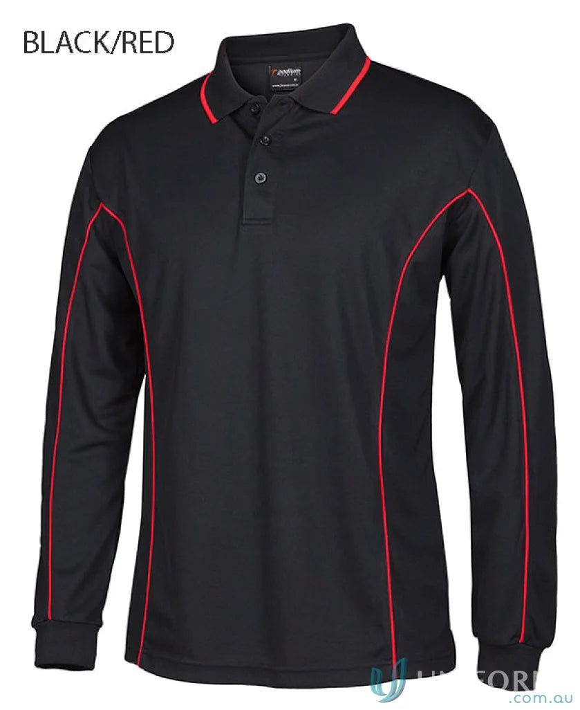 Black long sleeve polo with podium piping and built-in UV protection, stylish and comfy