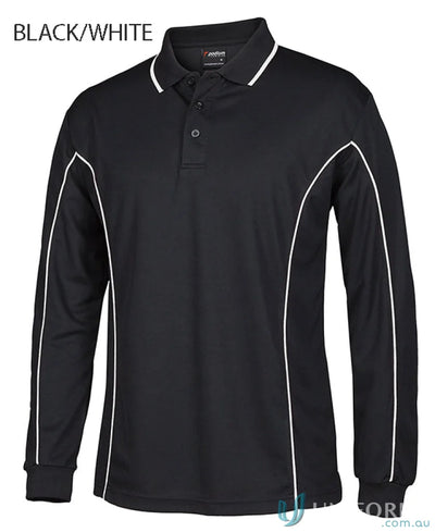 Black long sleeve polo with built-in UV protection and podium piping long details