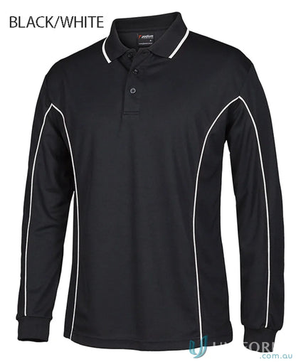 Black long sleeve polo with built-in UV protection and podium piping long details