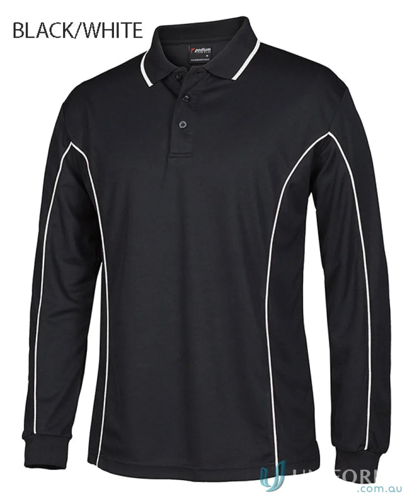 Black long sleeve polo with built-in UV protection and podium piping long details