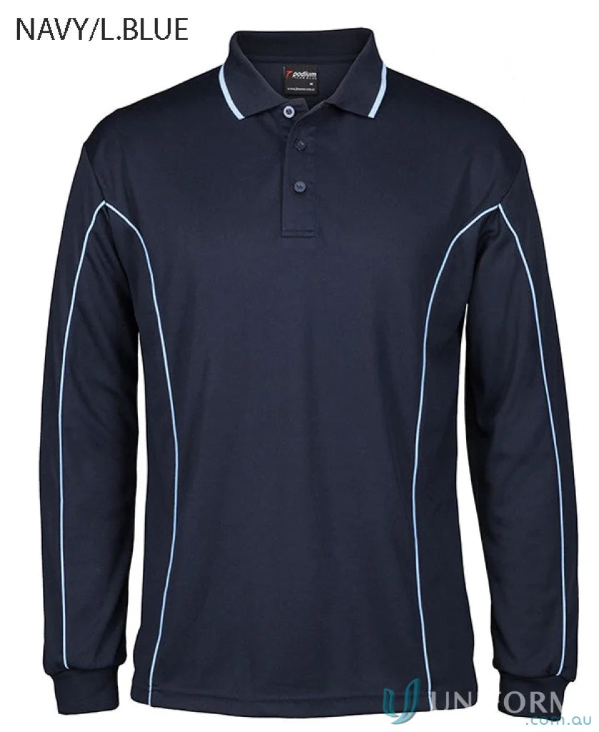 Navy blue long sleeve polo with podium piping and built-in UV protection