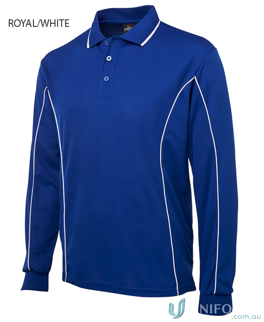 Royal blue long sleeve polo with podium piping and built-in UV protection for style and sun safety