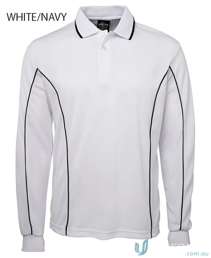 White long sleeve polo with black podium piping and built-in UV protection