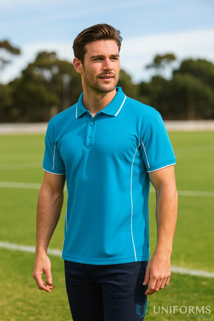 Men’s teal Podium Piping Polo with white trim made with JB’s Podium cooling fabric