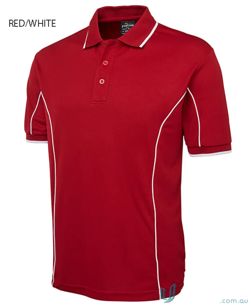 Red and white JB’s Podium Piping Polo made with podium cooling fabric