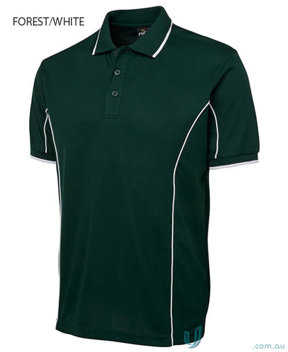 Forest green JB’s Podium piping short sleeve polo with white trim in podium cooling fabric