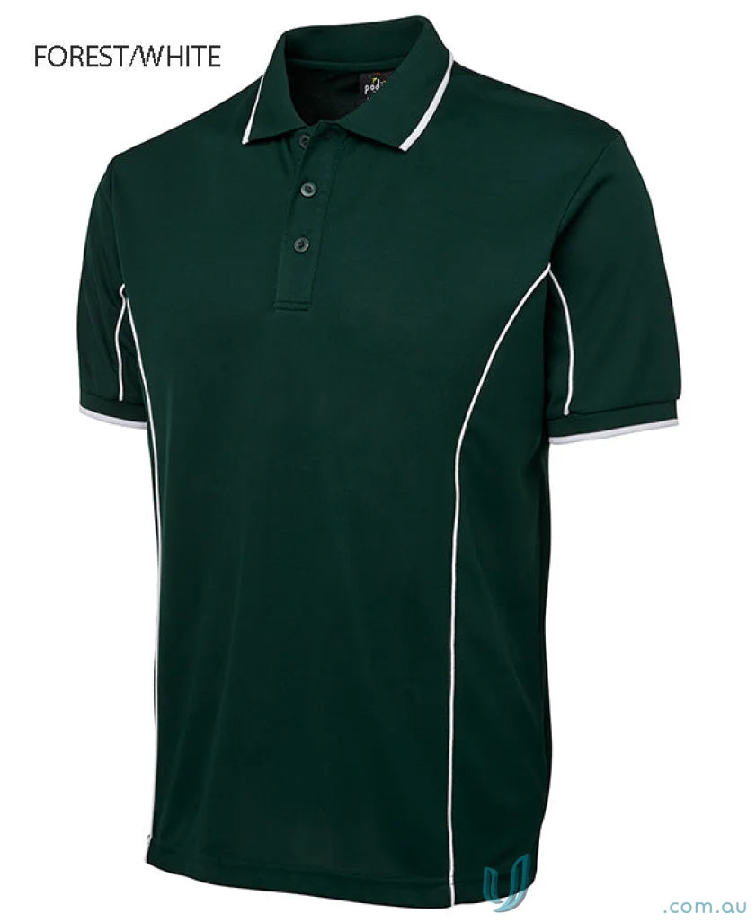 Forest green JB’s Podium piping short sleeve polo with white trim in podium cooling fabric