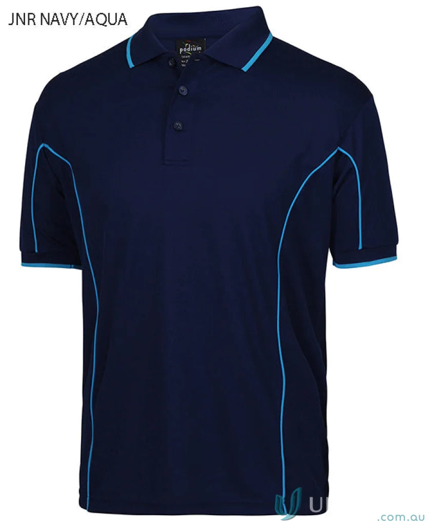 Navy and aqua JB’s Podium piping short sleeve polo shirt made with podium cooling fabric