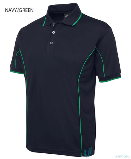 JB’s Podium piping short sleeve polo in navy and green made with podium cooling fabric